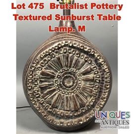Lot 475 Brutalist Pottery Textured Sunburst Table Lamp. M