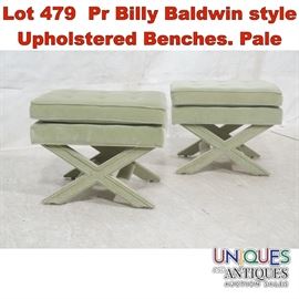 Lot 479 Pr Billy Baldwin style Upholstered Benches. Pale 