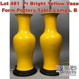 Lot 481 Pr Bright Yellow Vase Form Pottery Table Lamps. B
