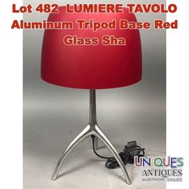Lot 482 LUMIERE TAVOLO Aluminum Tripod Base Red Glass Sha