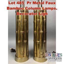 Lot 485 Pr Metal Faux Bamboo Column Lamps. Decorator Ligh