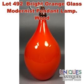 Lot 492 Bright Orange Glass Modernist Pendant Lamp. Wood 