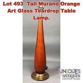 Lot 493 Tall Murano Orange Art Glass Teardrop Table Lamp.