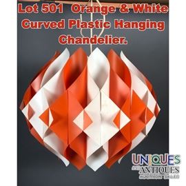 Lot 501 Orange  White Curved Plastic Hanging Chandelier.