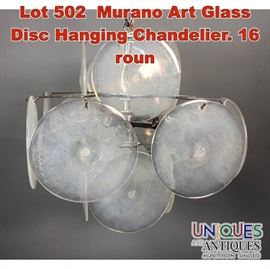 Lot 502 Murano Art Glass Disc Hanging Chandelier. 16 roun