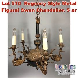 Lot 510 Regency Style Metal Figural Swan Chandelier. 5 ar