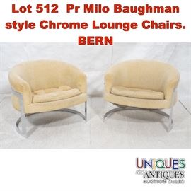 Lot 512 Pr Milo Baughman style Chrome Lounge Chairs. BERN