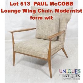 Lot 513 PAUL McCOBB Lounge Wing Chair. Modernist form wit
