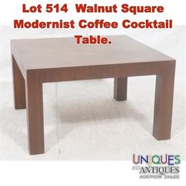 Lot 514 Walnut Square Modernist Coffee Cocktail Table. 