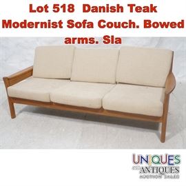 Lot 518 Danish Teak Modernist Sofa Couch. Bowed arms. Sla