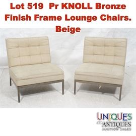 Lot 519 Pr KNOLL Bronze Finish Frame Lounge Chairs. Beige