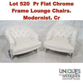 Lot 520 Pr Flat Chrome Frame Lounge Chairs. Modernist. Cr