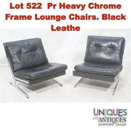 Lot 522 Pr Heavy Chrome Frame Lounge Chairs. Black Leathe