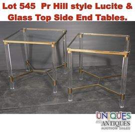 Lot 545 Pr Hill style Lucite  Glass Top Side End Tables.