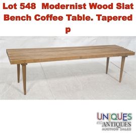 Lot 548 Modernist Wood Slat Bench Coffee Table. Tapered p