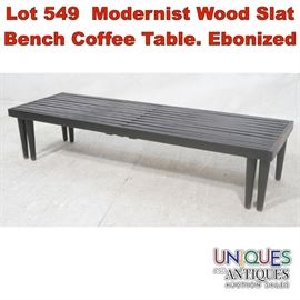 Lot 549 Modernist Wood Slat Bench Coffee Table. Ebonized 