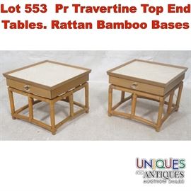 Lot 553 Pr Travertine Top End Tables. Rattan Bamboo Bases