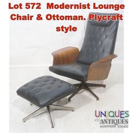 Lot 572 Modernist Lounge Chair  Ottoman. Plycraft style 