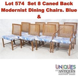 Lot 574 Set 8 Caned Back Modernist Dining Chairs. Blue  