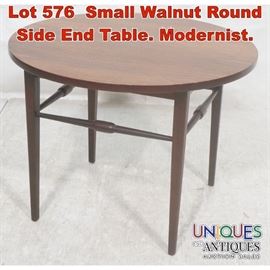 Lot 576 Small Walnut Round Side End Table. Modernist. 