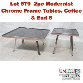 Lot 579 2pc Modernist Chrome Frame Tables. Coffee  End S