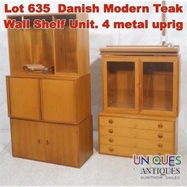 Lot 635 Danish Modern Teak Wall Shelf Unit. 4 metal uprig