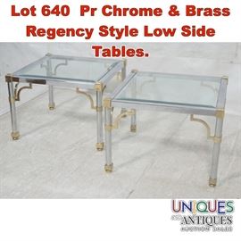 Lot 640 Pr Chrome  Brass Regency Style Low Side Tables. 