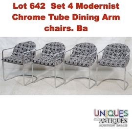 Lot 642 Set 4 Modernist Chrome Tube Dining Arm chairs. Ba