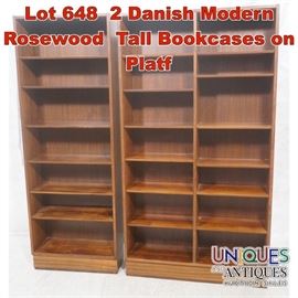 Lot 648 2 Danish Modern Rosewood Tall Bookcases on Platf