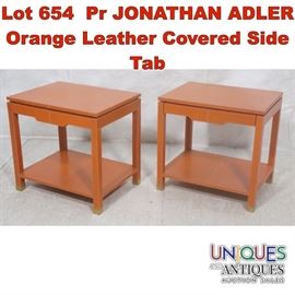 Lot 654 Pr JONATHAN ADLER Orange Leather Covered Side Tab