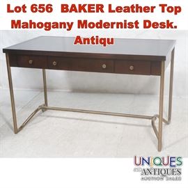 Lot 656 BAKER Leather Top Mahogany Modernist Desk. Antiqu
