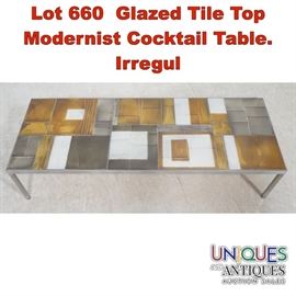 Lot 660 Glazed Tile Top Modernist Cocktail Table. Irregul
