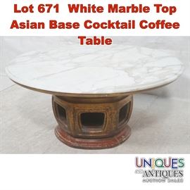 Lot 671 White Marble Top Asian Base Cocktail Coffee Table