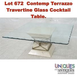 Lot 672 Contemp Terrazzo Travertine Glass Cocktail Table.