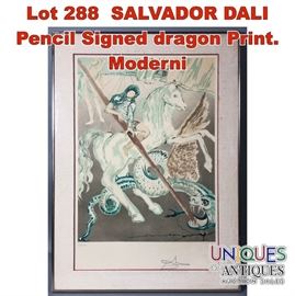Lot 288 SALVADOR DALI Pencil Signed dragon Print. Moderni