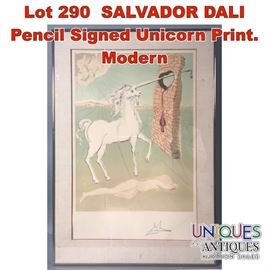 Lot 290 SALVADOR DALI Pencil Signed Unicorn Print. Modern