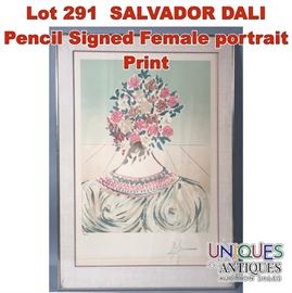 Lot 291 SALVADOR DALI Pencil Signed Female portrait Print