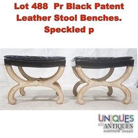 Lot 488 Pr Black Patent Leather Stool Benches. Speckled p