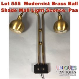 Lot 555 Modernist Brass Ball Shade Wall Light Sconce. Paa