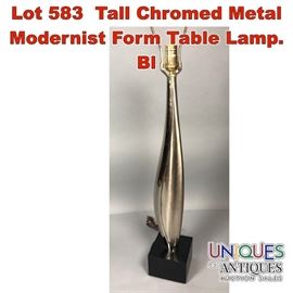 Lot 583 Tall Chromed Metal Modernist Form Table Lamp. Bl