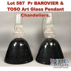Lot 587 Pr BAROVIER  TOSO Art Glass Pendant Chandeliers.