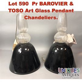 Lot 590 Pr BAROVIER  TOSO Art Glass Pendant Chandeliers.