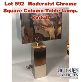 Lot 592 Modernist Chrome Square Column Table Lamp. Cork D