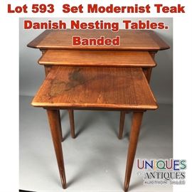 Lot 593 Set Modernist Teak Danish Nesting Tables. Banded 