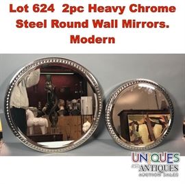 Lot 624 2pc Heavy Chrome Steel Round Wall Mirrors. Modern