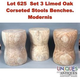 Lot 625 Set 3 Limed Oak Corseted Stools Benches. Modernis