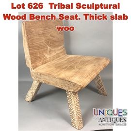 Lot 626 Tribal Sculptural Wood Bench Seat. Thick slab woo