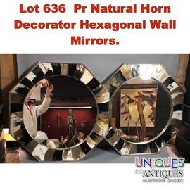 Lot 636 Pr Natural Horn Decorator Hexagonal Wall Mirrors.