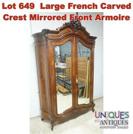 Lot 649 Large French Carved Crest Mirrored Front Armoire 