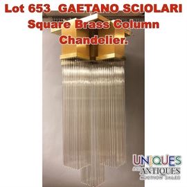 Lot 653 GAETANO SCIOLARI Square Brass Column Chandelier. 
